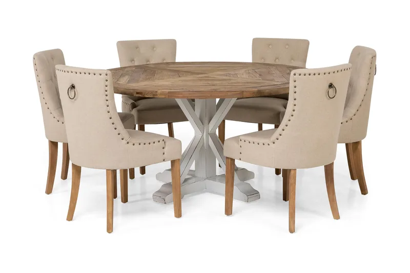Lyon-ruokailuryhmä, pyöreä Ø150 cm, 6 Viktoria-tuolia, Vintage-luonnonvärinen / Valkoinen / Beige