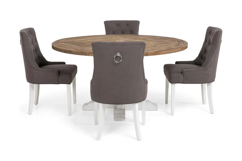 Lyon-ruokailuryhmä, pyöreä Ø150 cm, 4 Viktoria-tuolia - Vintage Luonnonväri/Valkoinen/Harmaa - Huonekalut - Pöytä & ruokailuryhmä - Ruokailuryhmä