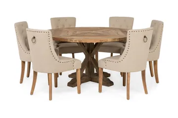 Lyon-ruokailuryhmä Ø150 cm, pyöreä, 6 Viktoria-tuolia - Vintage-jalava/beige - Huonekalut - Pöytä & ruokailuryhmä - Ruokailuryhmä