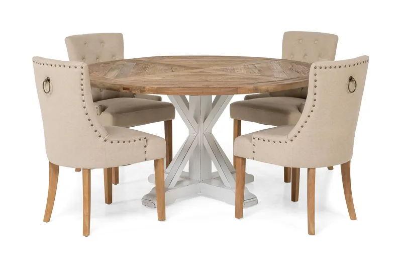 Lyon-ruokailuryhmä Ø150 cm, pyöreä, 4 Viktoria-tuolia, Vintage-luonnonvärinen/valkoinen/beige