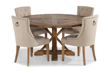 Lyon-ruokailuryhmä Ø150 cm, pyöreä, 4 Viktoria-tuolia - Vintage-jalava / beige - Huonekalut - Pöytä & ruokailuryhmä - Ruokailuryhmä