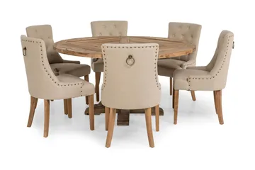 Lyon-ruokailuryhmä Ø150 cm, pyöreä, 6 Viktoria-tuolia - Vintage-jalava/beige - Huonekalut - Pöytä & ruokailuryhmä - Ruokailuryhmä