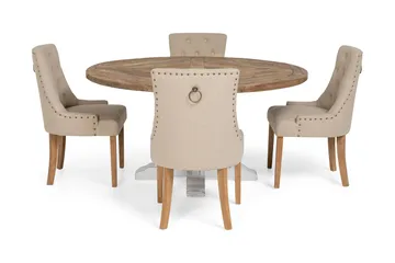 Lyon-ruokailuryhmä Ø150 cm, pyöreä, 4 Viktoria-tuolia - Vintage-luonnonvärinen/valkoinen/beige - Huonekalut - Pöytä & ruokailuryhmä - Ruokailuryhmä