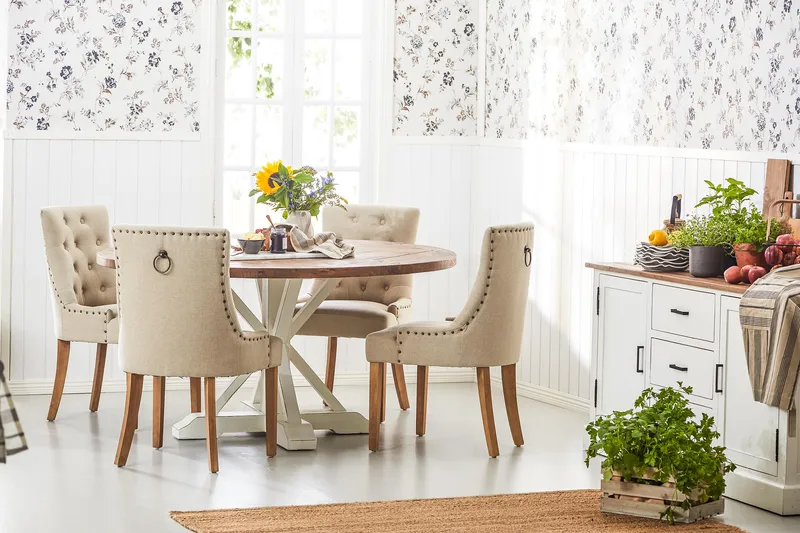 Lyon-ruokailuryhmä Ø150 cm, pyöreä, 4 Viktoria-tuolia - Vintage-luonnonvärinen/valkoinen/beige - Huonekalut - Pöytä & ruokailuryhmä - Ruokailuryhmä