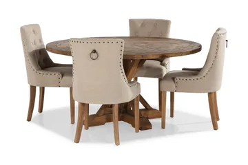 Lyon-ruokailuryhmä Ø150 cm, pyöreä, 4 Viktoria-tuolia - Vintage-jalava / beige - Huonekalut - Pöytä & ruokailuryhmä - Ruokailuryhmä