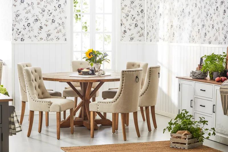 Lyon-ruokailuryhmä Ø150 cm, pyöreä, 6 Viktoria-tuolia - Vintage-jalava/beige - Huonekalut - Pöytä & ruokailuryhmä - Ruokailuryhmä