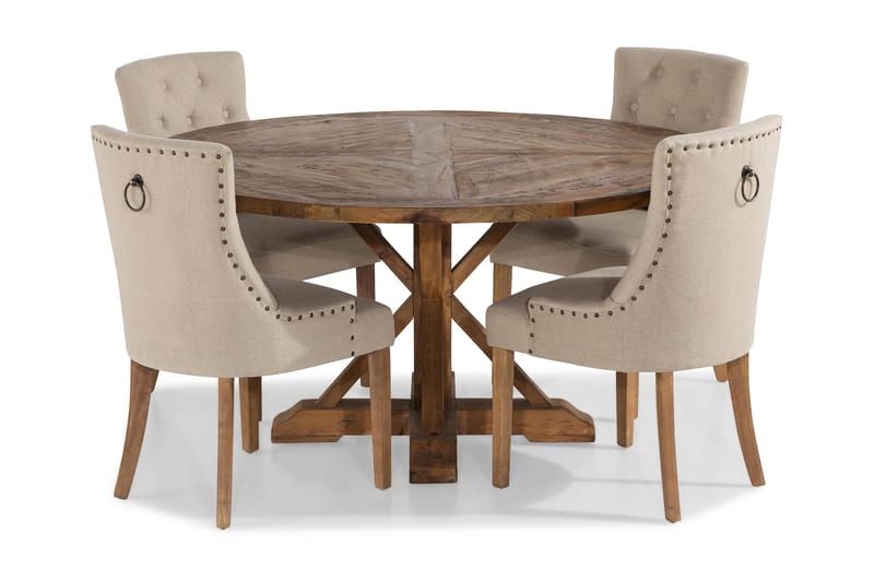 Lyon pyöreä ruokailuryhmä Ø150 cm ja 4 Viktoria-tuolia, Vintage-jalava / Beige