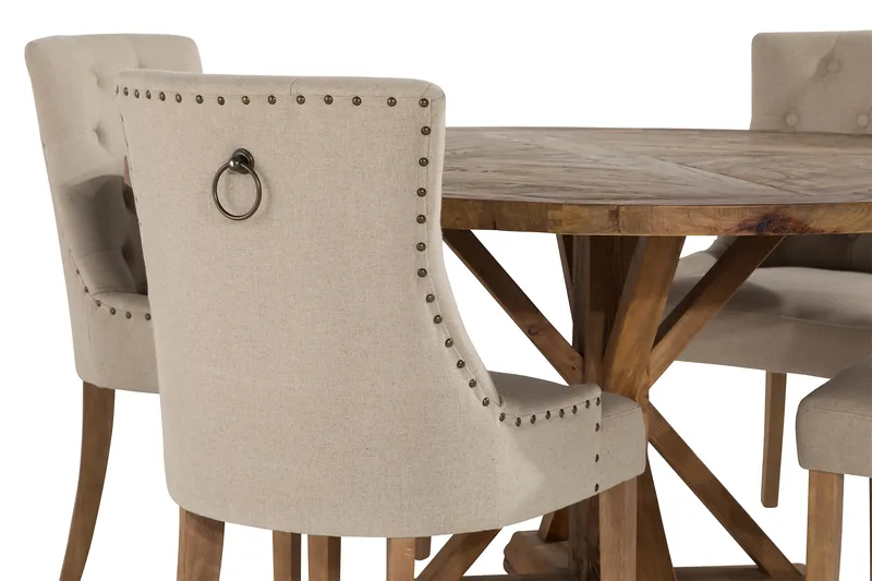 Lyon pyöreä ruokailuryhmä Ø150 cm ja 4 Viktoria-tuolia - Vintage-jalava / Beige - Huonekalut - Pöytä & ruokailuryhmä - Ruokailuryhmä