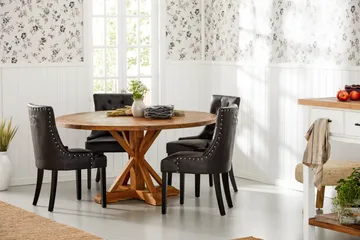 Lyon Pyöreä ruokailuryhmä 150 cm ja 4 Tuva-nojatuolia - Vintage-jalava/Musta PU - Huonekalut - Pöytä & ruokailuryhmä - Ruokailuryhmä