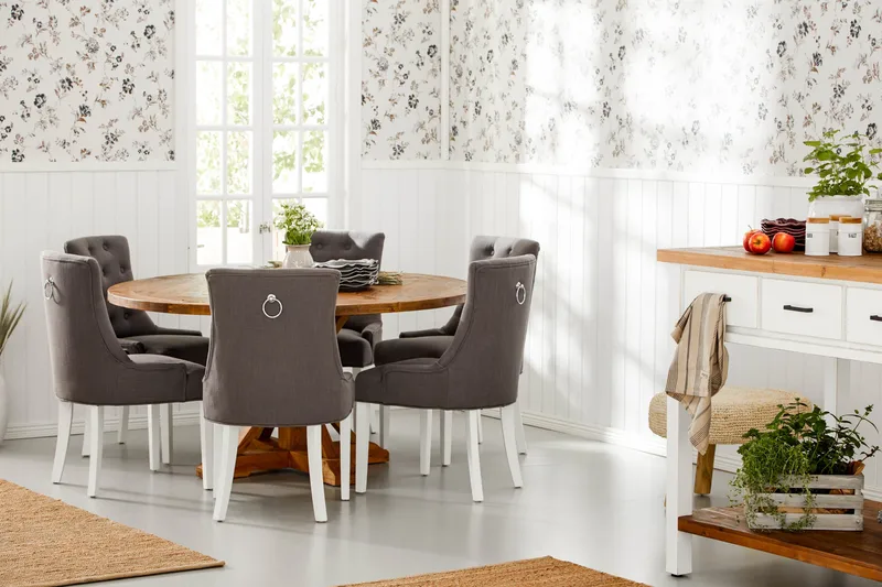 Lyon pyöreä ruokailuryhmä Ø150 cm ja 6 Viktoria-tuolia - Vintage-jalava/Harmaa/Valkoinen - Huonekalut - Pöytä & ruokailuryhmä - Ruokailuryhmä