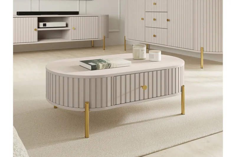 Maggio soikea sohvapöytä 100 cm laatikoilla, puuta ja metallia - Beige - Huonekalut - Pöytä & ruokailuryhmä - Sohvapöytä