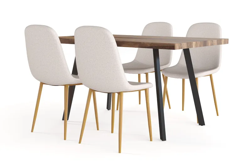 Marcelen Ruokapöytä Jatkettava lisälevyllä + 4 kpl Naira tuoli beige tammijaloilla, Ruskea/Beige