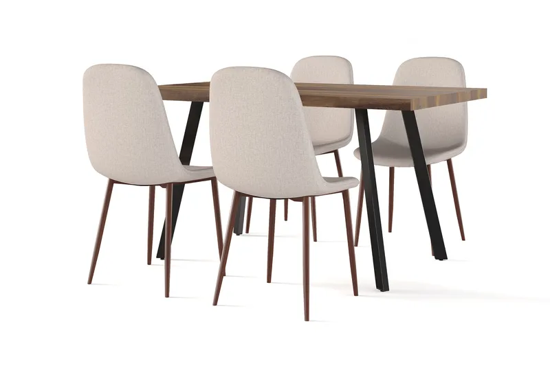 Marcelen Ruokapöytä Jatkettava lisälevyllä + 4 kpl Naira tuoli beige pähkinäjaloilla, Ruskea/Beige