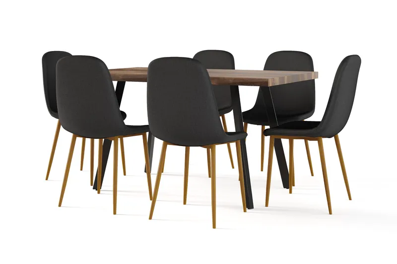 Marcelen Ruokapöytä Jatkettava lisälevyllä + 4 kpl Naira tuoli musta tammijaloilla, Ruskea/Musta