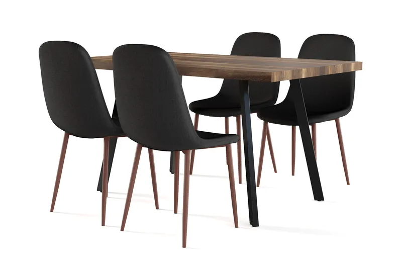 Marcelen Ruokapöytä Jatkettava lisälevyllä + 4 kpl Naira tuoli musta pähkinäjaloilla, Ruskea/Musta