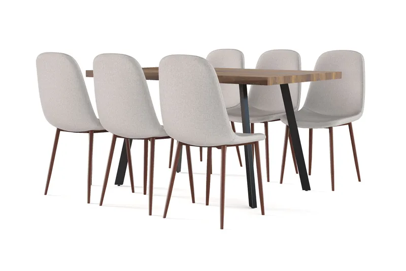 Marcelen Ruokapöytä Jatkettava lisälevyllä + 6 kpl Naira tuoli beige pähkinäjaloilla, Ruskea/Beige