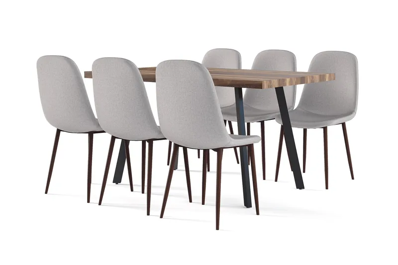 Marcelen Ruokapöytä Jatkettava lisälevyllä + 6 kpl Naira tuoli harmaa pähkinäjaloilla, Ruskea/Harmaa