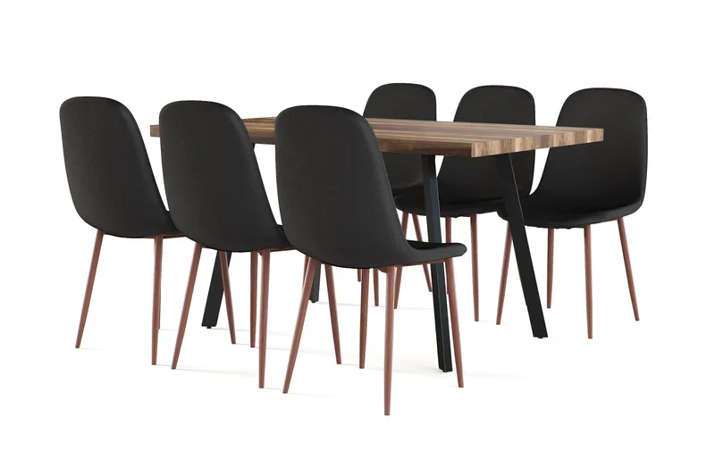 Marcelen Ruokapöytä Jatkettava lisälevyllä + 6 kpl Naira tuoli musta pähkinäjaloilla, Ruskea/Musta