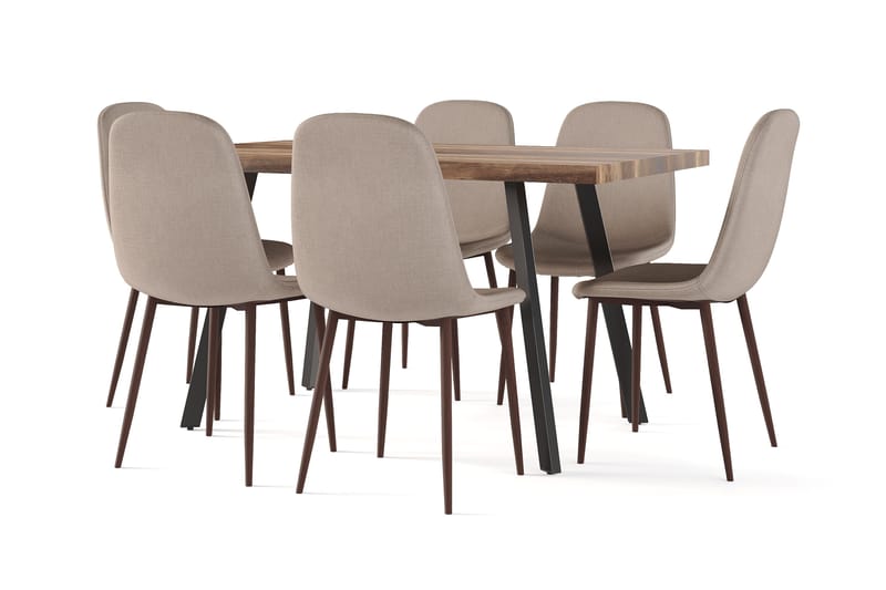 Marcelen Ruokapöytä Jatkettava lisälevyllä + 6 kpl Naira tuoli ruskea pähkinäjaloilla, Ruskea