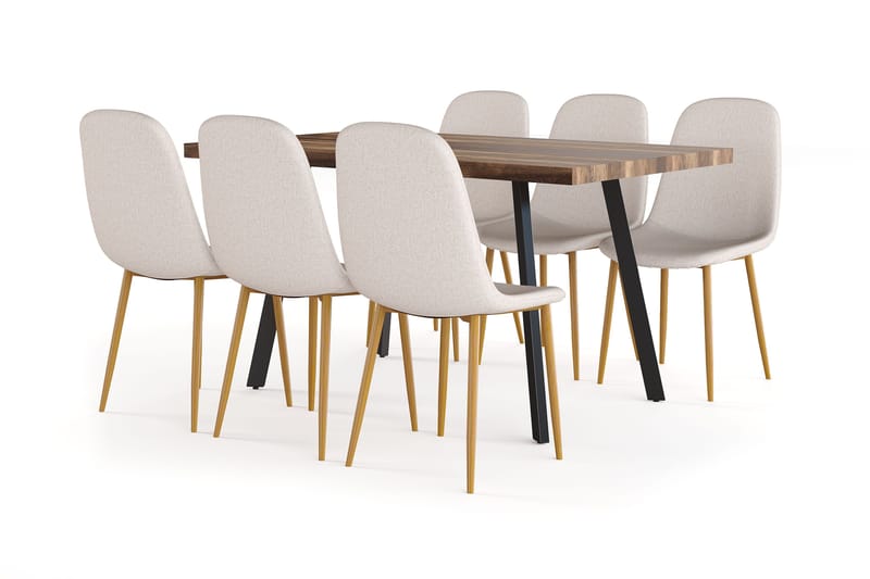 Marcelen Ruokapöytä Jatkettava lisälevyllä + 6 kpl Naira tuoli beige tammijaloilla, Ruskea/Beige