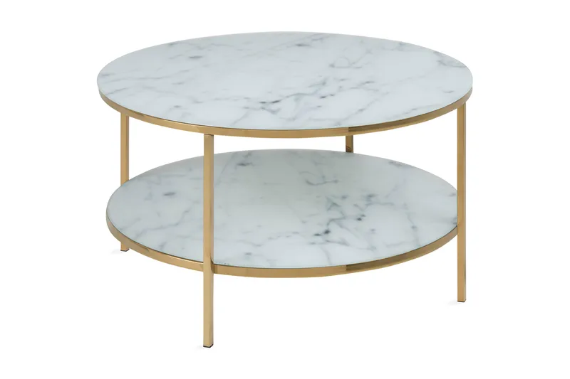 Sohvapöytä Alisma 80 cm Pyöreä Säilytys Hylly Marmorikuvio, Valkoinen/Kulta