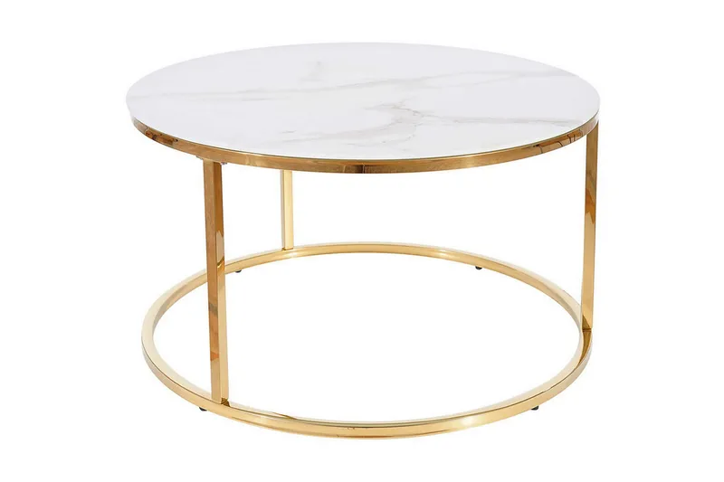 Sohvapöytä Cabiron 80 cm Pyöreä Marmorikuvio, Valkoinen/Kulta