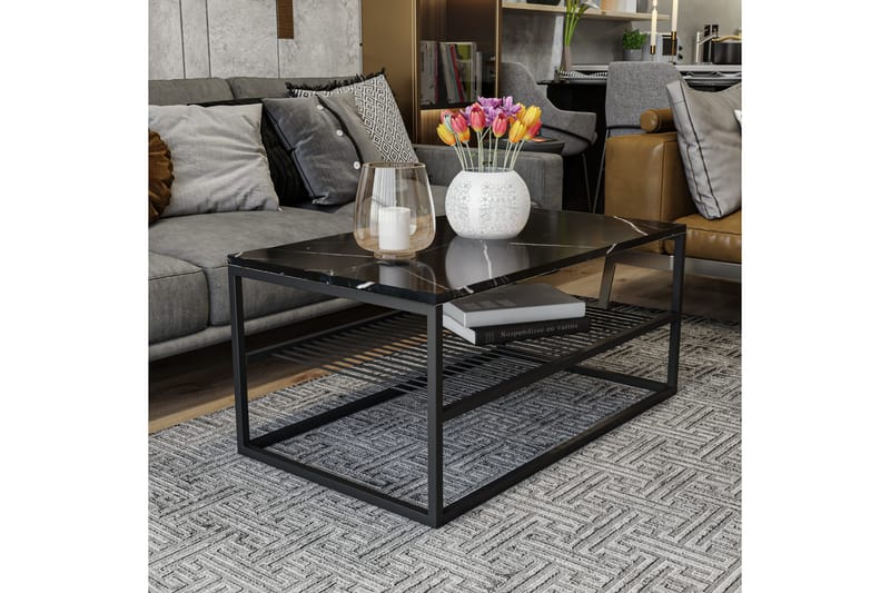 Sohvapöytä Emlak-sohvapöytä 95 cm, marmorikuvio, säilytyshyllyllä Svart - Huonekalut - Pöytä & ruokailuryhmä - Sohvapöytä