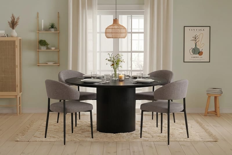 Matgrupp Bark Kopparbo Runt Stort Matbord 180 cm Svart med 4 Sawako Greige Stolar Musta|greige - Huonekalut - Pöytä & ruokailuryhmä - Ruokailuryhmä