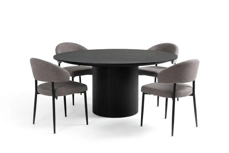 Matgrupp Bark Kopparbo Runt Stort Matbord 180 cm Svart med 4 Sawako Greige Stolar Svart|Greige, undefined