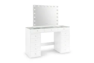 Glow-meikkipöytä 120 cm lasitasolla, säilytystilalla ja laatikoilla sekä valaistulla 80 cm:n peilillä - Valkoinen - Huonekalut - Pöytä & ruokailuryhmä - Meikki- & kampauspöydät - Meikkipöytä valolla
