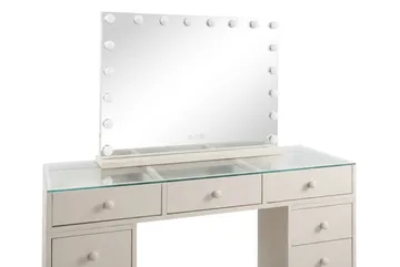 Glow-meikkipöytä 120 cm lasitasolla, säilytystilalla ja laatikoilla sekä valaistulla 80 cm:n peilillä - Beige - Huonekalut - Pöytä & ruokailuryhmä - Meikki- & kampauspöydät - Meikkipöytä valolla