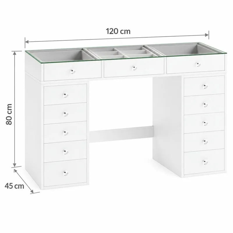 Glow-meikkipöytä 120 cm lasitasolla, säilytystilalla ja laatikoilla sekä valaistulla 80 cm:n peilillä - Valkoinen - Huonekalut - Pöytä & ruokailuryhmä - Meikki- & kampauspöydät - Meikkipöytä valolla