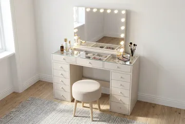 Glow-meikkipöytä 120 cm lasitasolla, säilytystilalla ja laatikoilla sekä valaistulla 80 cm:n peilillä - Beige - Huonekalut - Pöytä & ruokailuryhmä - Meikki- & kampauspöydät - Meikkipöytä valolla