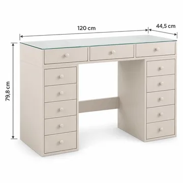 Glow-meikkipöytä 120 cm lasitasolla, säilytystilalla ja laatikoilla sekä valaistulla 80 cm:n peilillä - Beige - Huonekalut - Pöytä & ruokailuryhmä - Meikki- & kampauspöydät - Meikkipöytä valolla