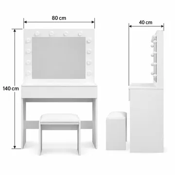 Glow pieni meikkipöytä 80 cm, peili, laatikot ja jakkara – LED-valaistus - Valkoinen - Huonekalut - Pöytä & ruokailuryhmä - Meikki- & kampauspöydät - Meikkipöytä valolla