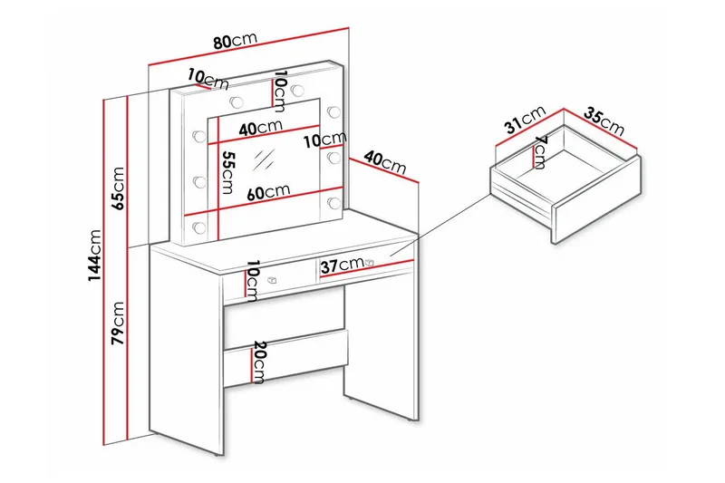 Meikkauspöytä Scotsdale 80x40 cm - Cashmere - Huonekalut - Pöytä & ruokailuryhmä - Meikki- & kampauspöydät - Meikkipöytä valolla