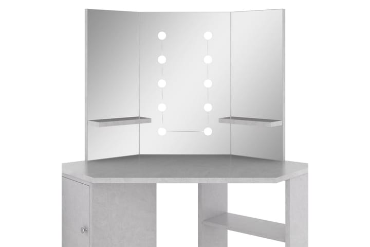 Meikkipöytä kulmaan LED-valoilla betoninharmaa 111x54x141,5 - Meikkipöytä valolla - Meikkipöytä peilillä - Meikki- & kampauspöydät