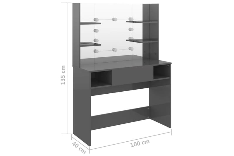 Meikkipöytä LED-valoilla 100x40x135 cm MDF kiiltävä harmaa - Harmaa - Huonekalut - Pöytä & ruokailuryhmä - Meikki- & kampauspöydät