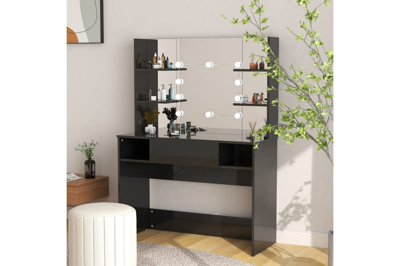 Meikkipöytä LED-valoilla 100x40x135 cm MDF kiiltävä musta - Musta - Huonekalut - Pöytä & ruokailuryhmä - Meikki- & kampauspöydät