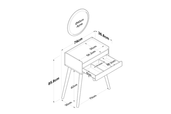 Meikkipöytä Rampal 74 cm - Valkoinen - Meikki- & kampauspöydät
