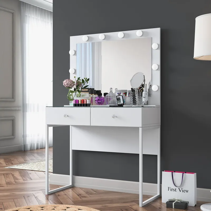 Meikkipöytä Wallxpert Eska BJ158 (90 x 141,8 x 40 cm) valkoinen - Valkoinen - Huonekalut - Pöytä & ruokailuryhmä - Meikki- & kampauspöydät - Meikkipöytä valolla