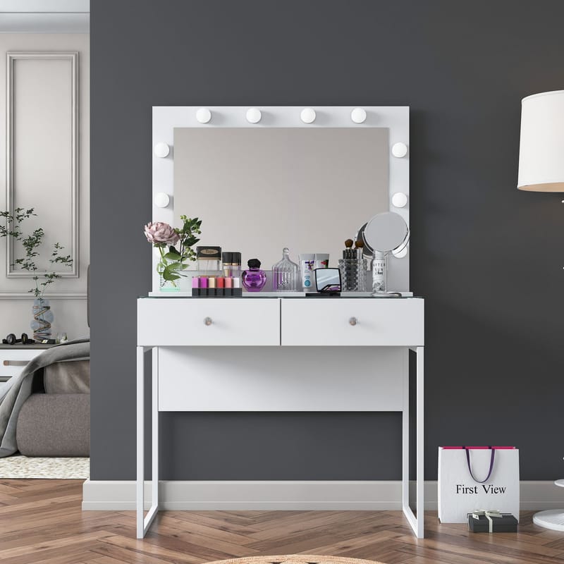 Meikkipöytä Wallxpert Eska BJ158 (90 x 141,8 x 40 cm) valkoinen - Valkoinen - Huonekalut - Pöytä & ruokailuryhmä - Meikki- & kampauspöydät - Meikkipöytä valolla