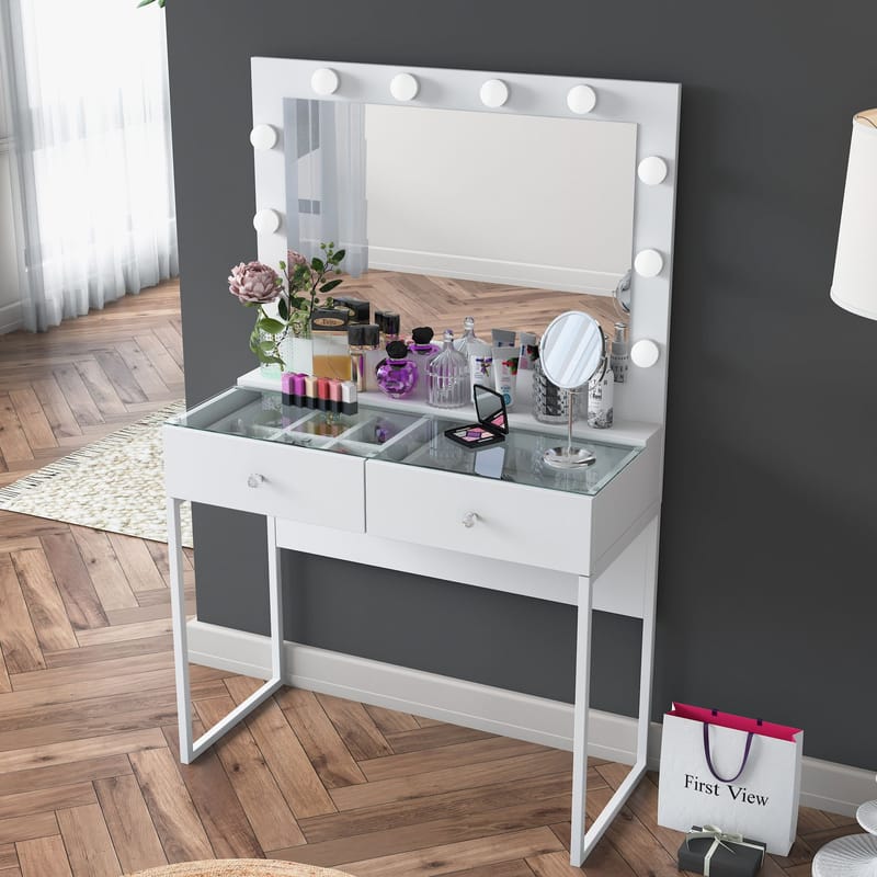 Meikkipöytä Wallxpert Eska BJ158 (90 x 141,8 x 40 cm) valkoinen - Valkoinen - Huonekalut - Pöytä & ruokailuryhmä - Meikki- & kampauspöydät - Meikkipöytä valolla