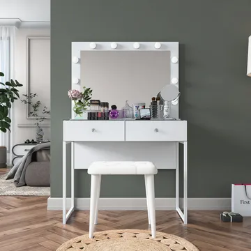 Meikkipöytä Wallxpert Eska BJ164 (90 x 141,8 x 40 cm) valkoinen - Valkoinen - Huonekalut - Pöytä & ruokailuryhmä - Meikki- & kampauspöydät - Meikkipöytä valolla