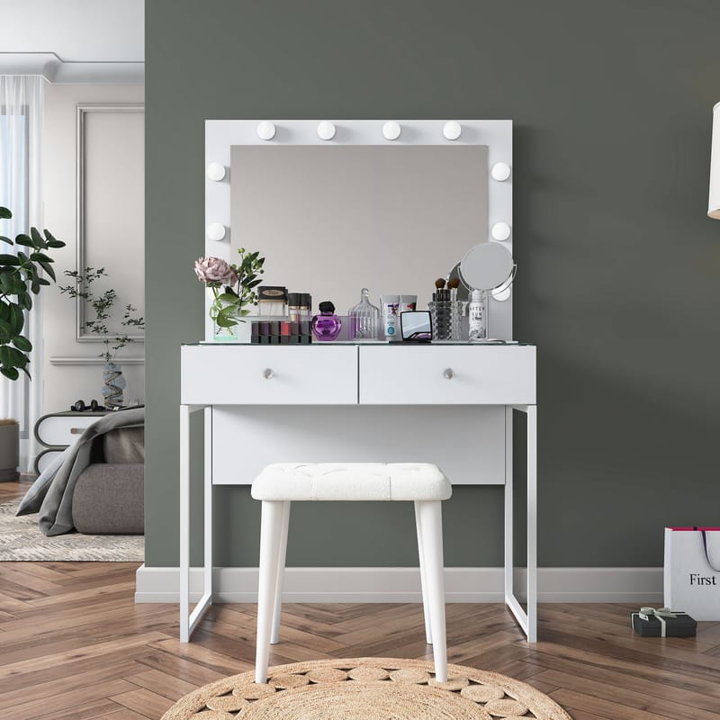 Meikkipöytä Wallxpert Eska BJ164 (90 x 141,8 x 40 cm) valkoinen - Valkoinen - Huonekalut - Pöytä & ruokailuryhmä - Meikki- & kampauspöydät - Meikkipöytä valolla