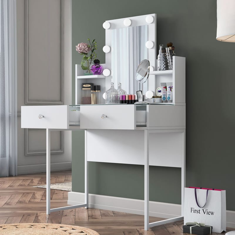 Meikkipöytä Wallxpert Fenn (90 x 136,8 x 40 cm) valkoinen - Valkoinen - Huonekalut - Pöytä & ruokailuryhmä - Meikki- & kampauspöydät - Meikkipöytä valolla
