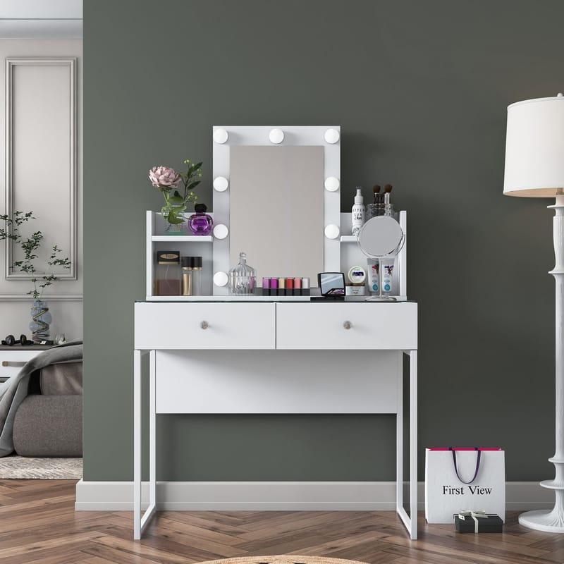 Meikkipöytä Wallxpert Fenn (90 x 136,8 x 40 cm) valkoinen - Valkoinen - Huonekalut - Pöytä & ruokailuryhmä - Meikki- & kampauspöydät - Meikkipöytä valolla