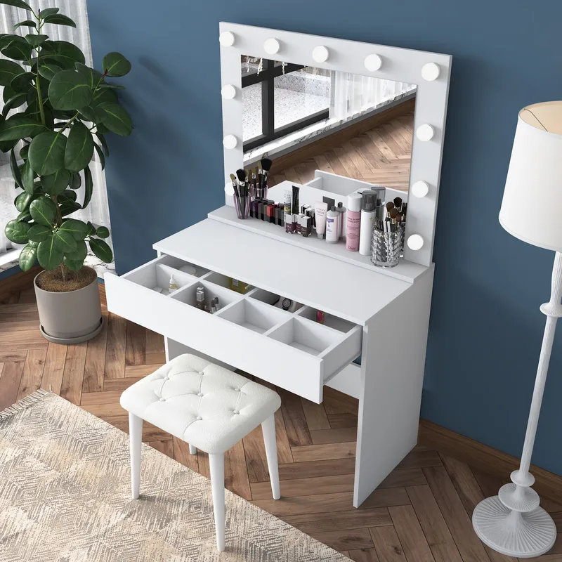Meikkipöytä Wallxpert Gala Shelf (90 x 76,8 x 45 cm) Valkoinen - Valkoinen - Huonekalut - Pöytä & ruokailuryhmä - Meikki- & kampauspöydät - Meikkipöytä valolla
