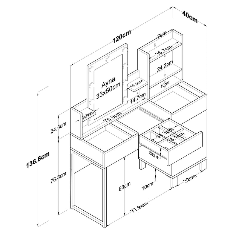 Meikkipöytä Wallxpert Hyla BJ139 (120 x 136,8 x 40 cm) valkoinen - Valkoinen - Huonekalut - Pöytä & ruokailuryhmä - Meikki- & kampauspöydät - Meikkipöytä valolla