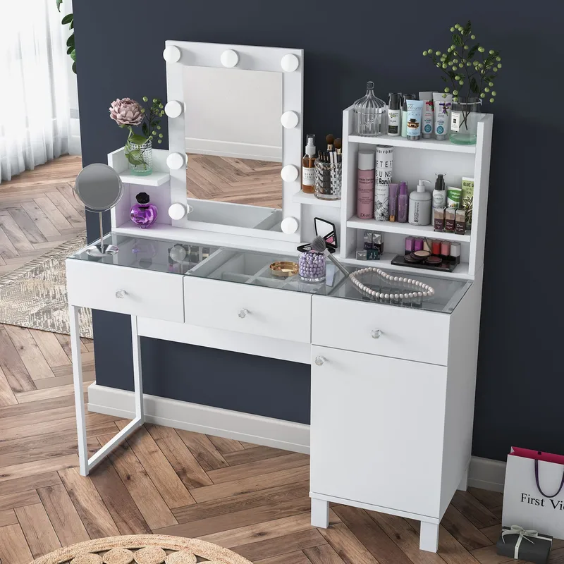 Meikkipöytä Wallxpert Hyla BJ139 (120 x 136,8 x 40 cm) valkoinen - Valkoinen - Huonekalut - Pöytä & ruokailuryhmä - Meikki- & kampauspöydät - Meikkipöytä valolla